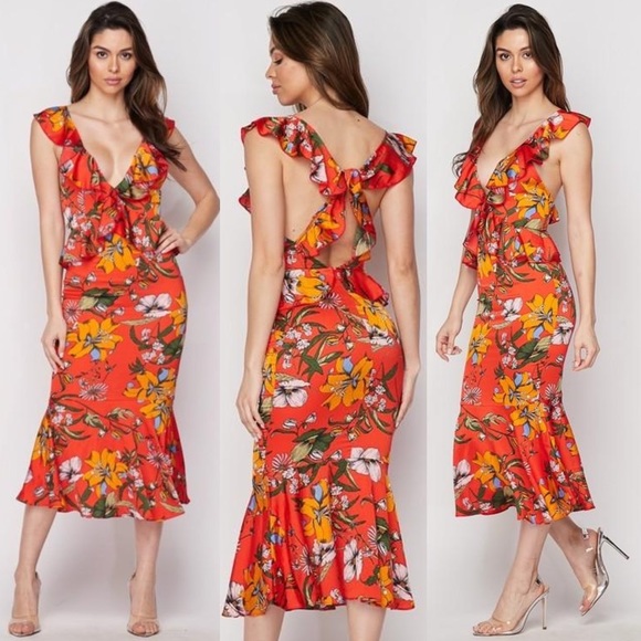 🐦‍🔥Floral 🐦‍🔥 Ruffled Mermaid Midi Dress - Red (B) - Picture 1 of 6